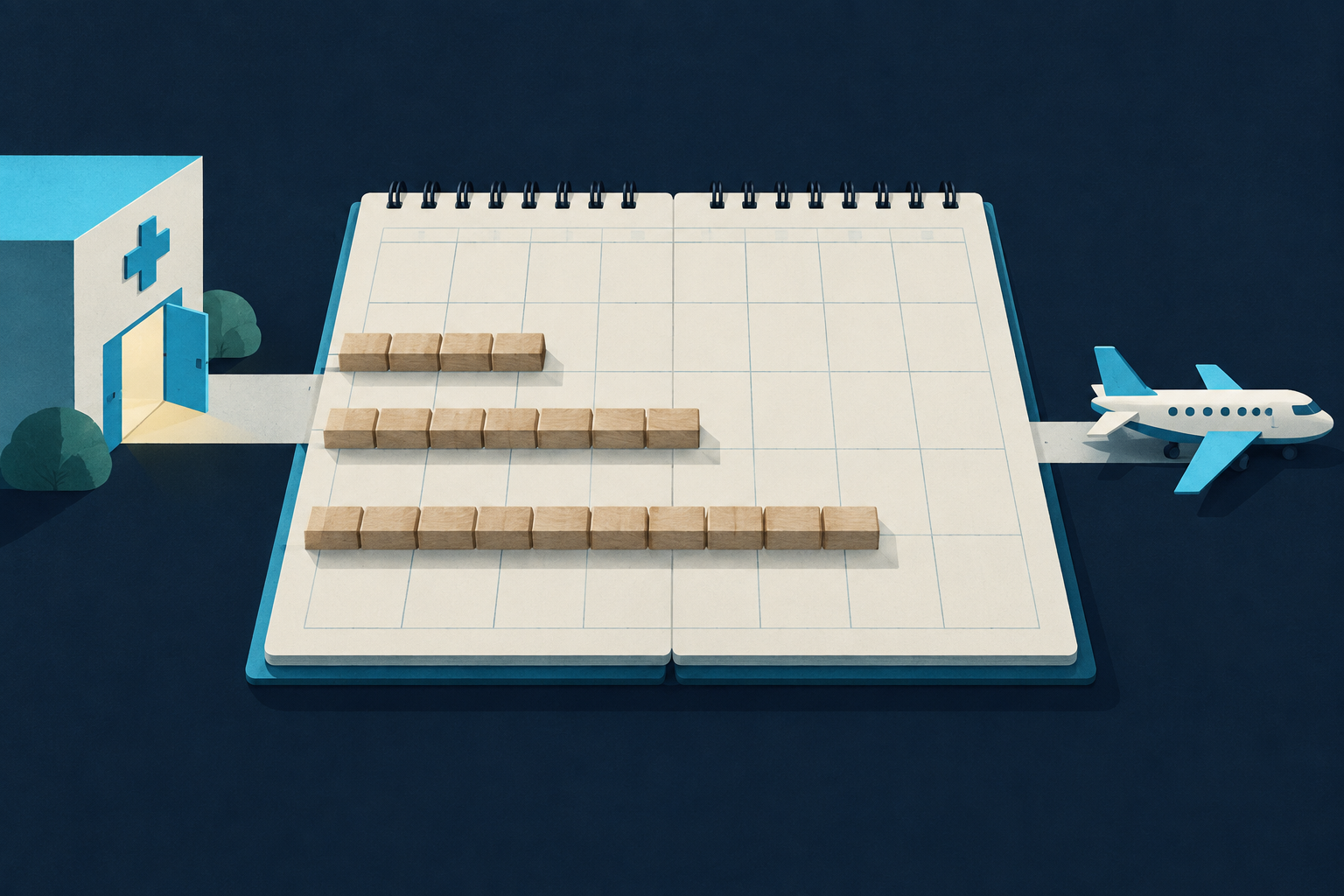 Separate rows of wooden blocks across a calendar represent distinct timelines for local stay, activity resumption, and return travel.