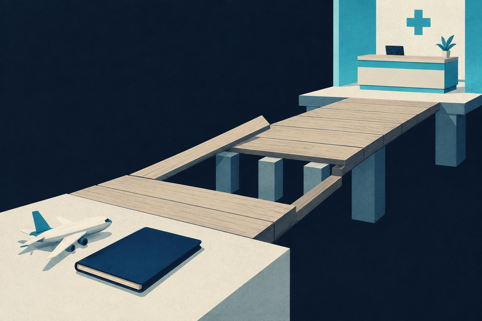 A clinic beyond a bridge with an exposed gap and visible supports represents how refund and change terms help international patients assess the reliability of a booking.