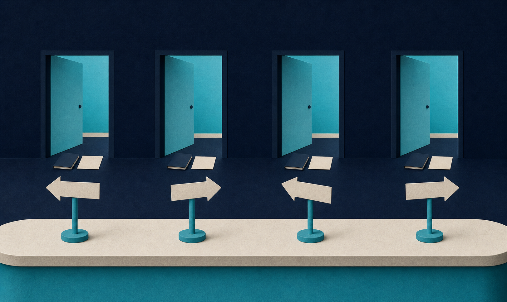 Four separate signposts on a clinic reception desk represent how different national search engines create different patient acquisition pathways.
