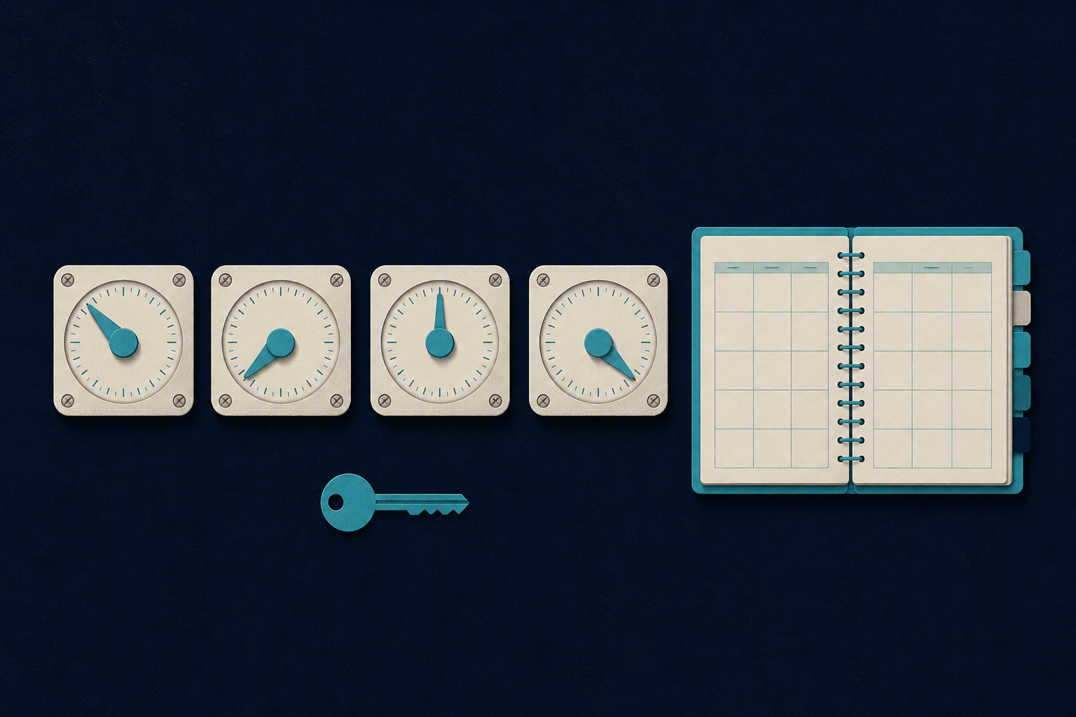 Four mechanical dials beside a clinic appointment book show that each search engine responds to different ranking and operating conditions.