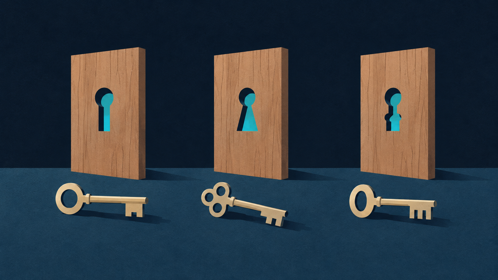 Brass keys with different tooth patterns beneath separate keyholes illustrate how similar credential titles can carry different meanings across national systems.