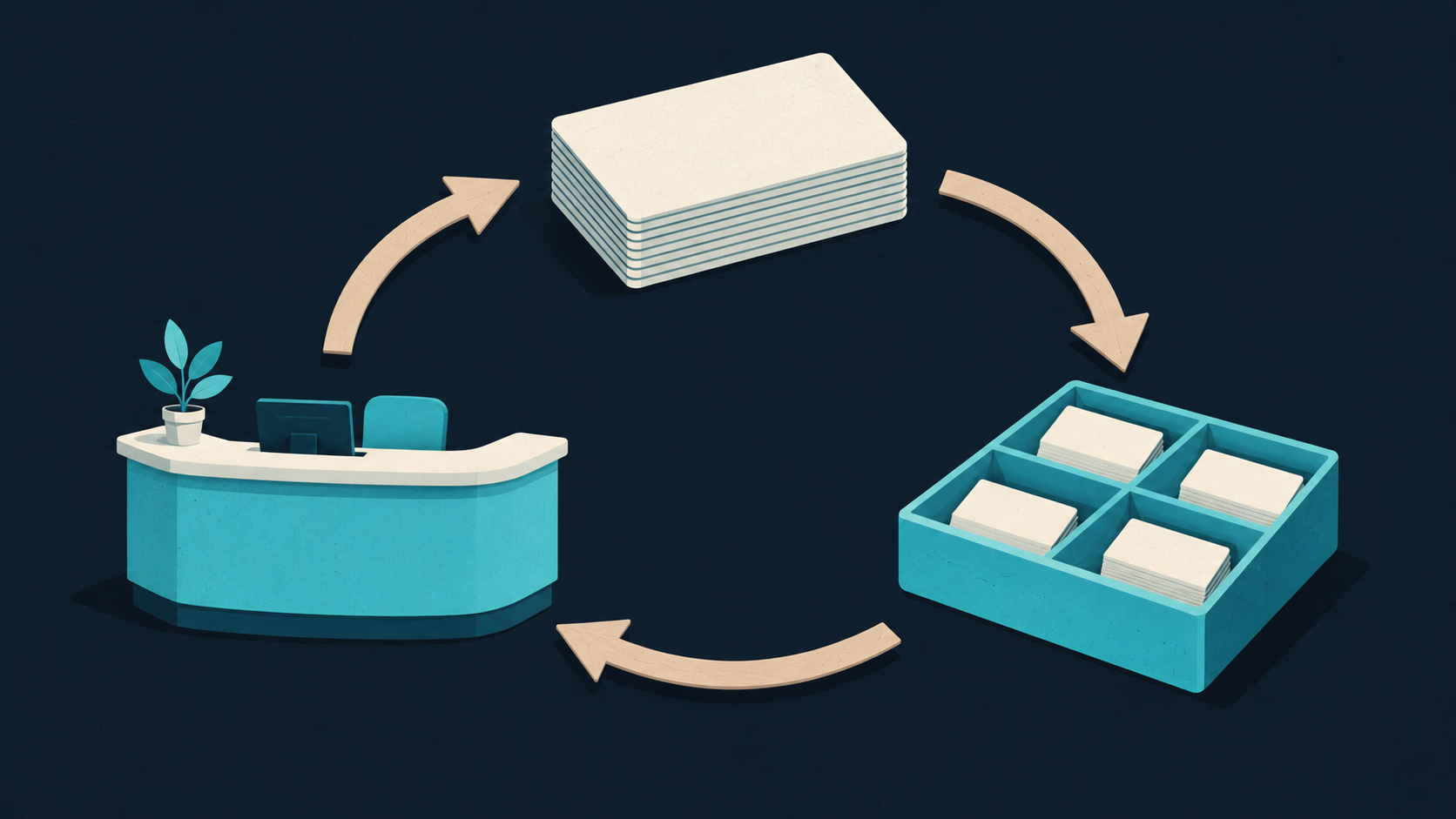 Appointment cards, a sorting tray, and a clinic reception model linked by circular arrows represent consultation records informing analysis, service improvements, and subsequent consultations.